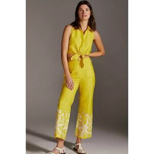 Anthropologie Maeve Plus Embroidered Tie Front Pant Set Yellow Size 14